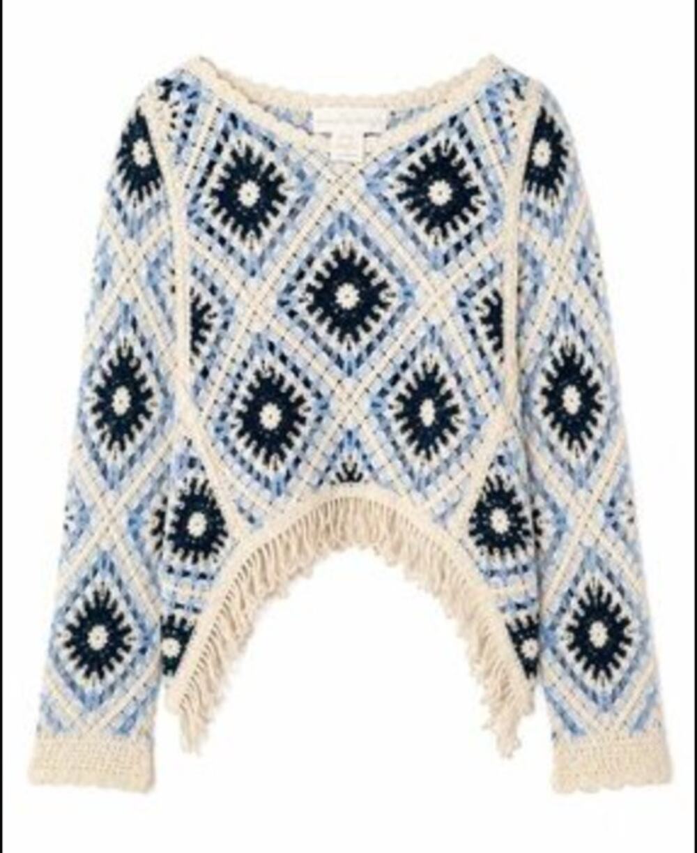 House of Harlow Long Sleeve Fringe Trim Granny Square Crochet Sweater Blue OS
